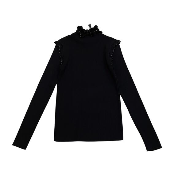 Gracia Stud Trim Ruffle Neck Black Sweater L | Y2K Glam, Beaded Holiday Knit NWT - Picture 4 of 6